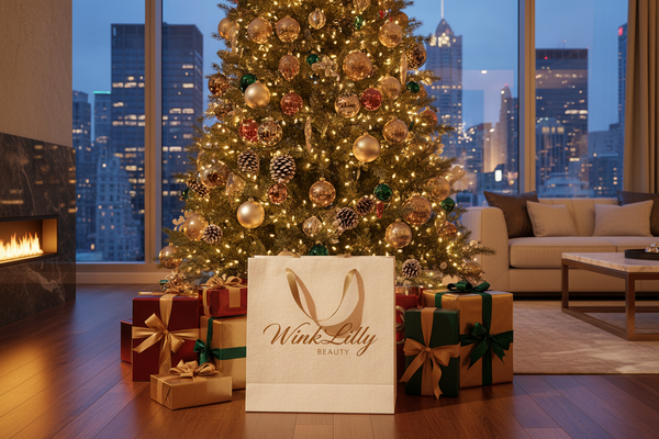paper luxury gift shopping bag that says WinkLilly Beauty with other boxes and gifts under a christmas tree in a luxury apartment with a glass window view